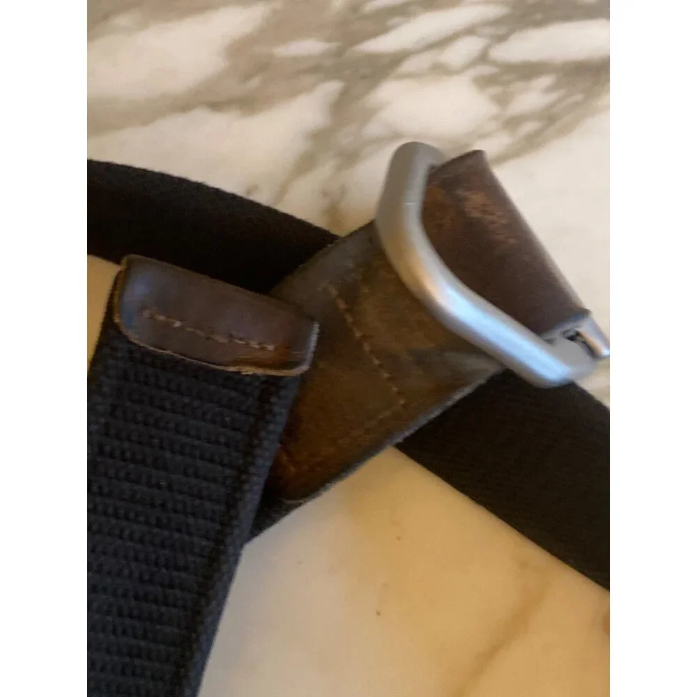 Bison Made Mens Black Nylon & Brown Leather Adjustable Belt‎ With Metal Buckle